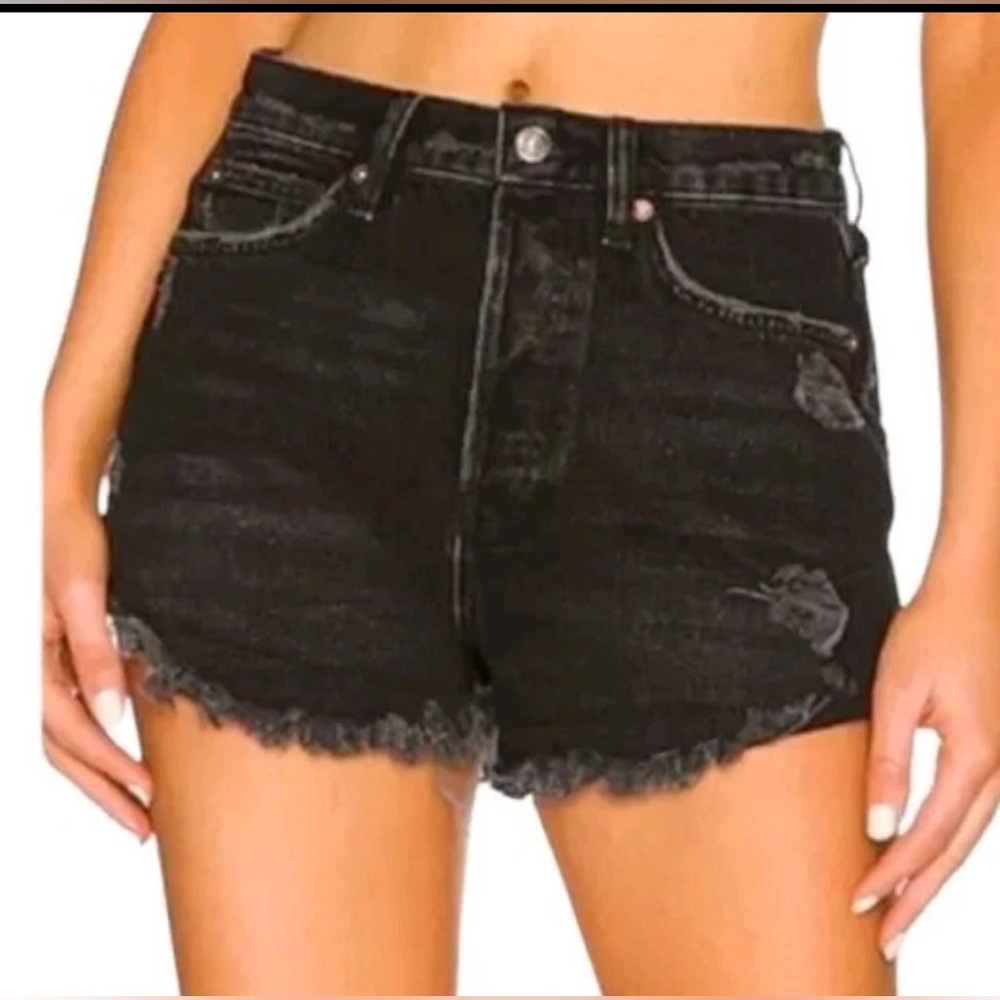 Free People Lasso High Rise Black Wash Raw Hem Distressed Denim Shorts Size 25 - Picture 3 of 15
